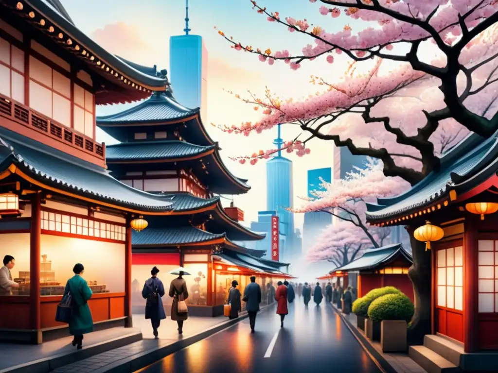 Pintura acuarela de una bulliciosa calle de Tokio, fusionando tradición y modernidad en el arte asiático