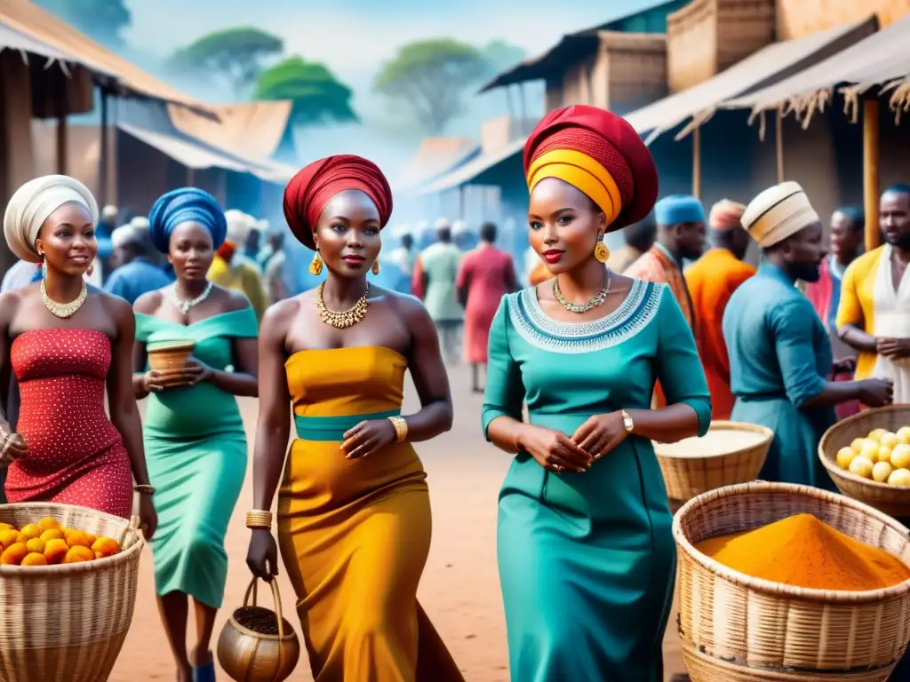 Pintura acuarela de un bullicioso mercado africano, reflejando la comunidad y cultura del arte africano contemporáneo impacto sociedad