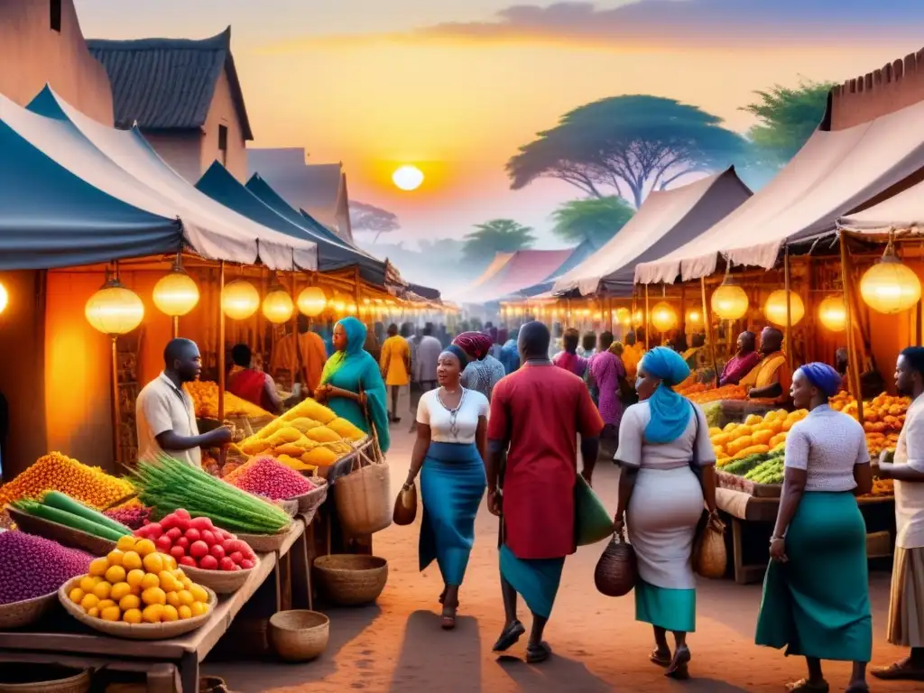 Pintura acuarela de un bullicioso mercado africano con colores vibrantes bajo un atardecer africano