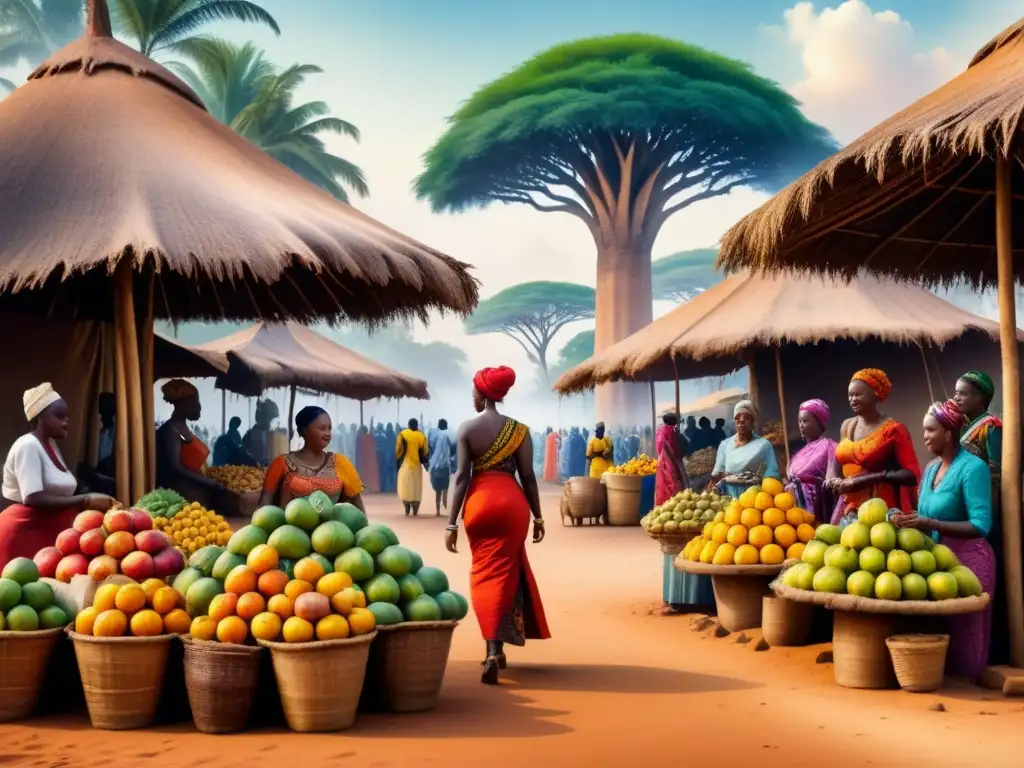 Pintura acuarela de un bullicioso mercado africano bajo palmeras y un imponente baobab