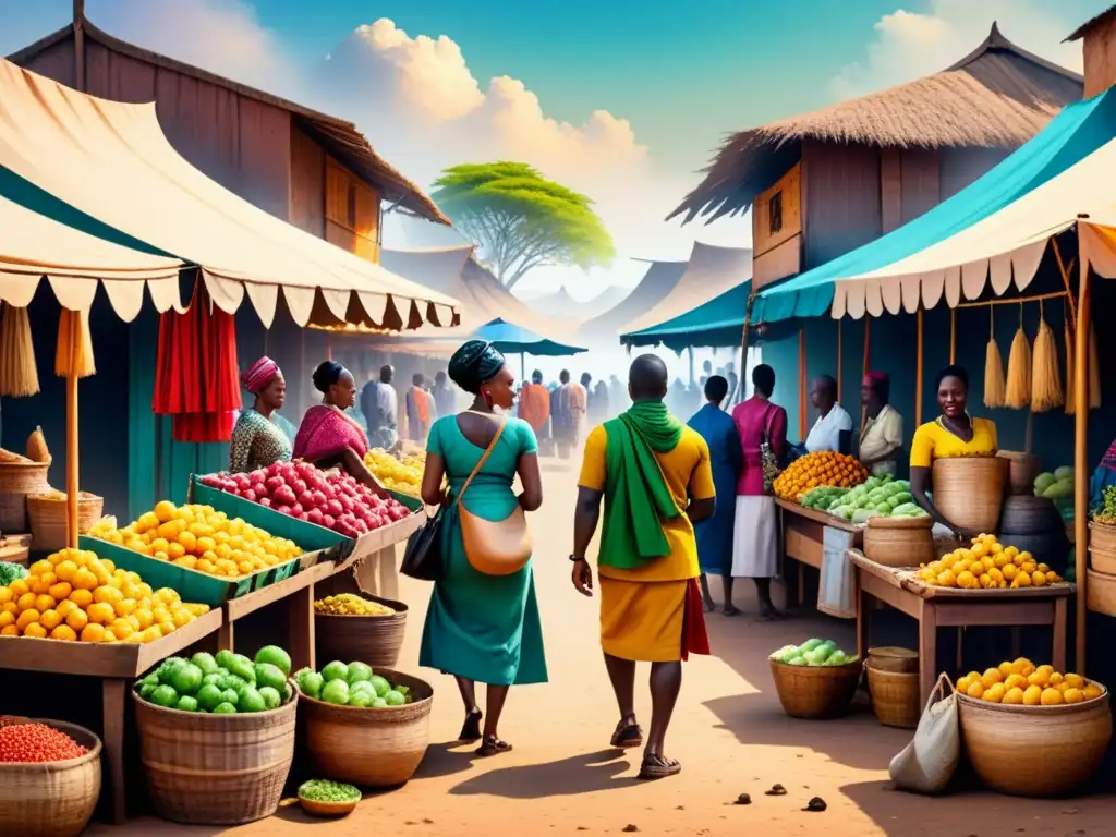 Pintura acuarela de un bullicioso mercado africano