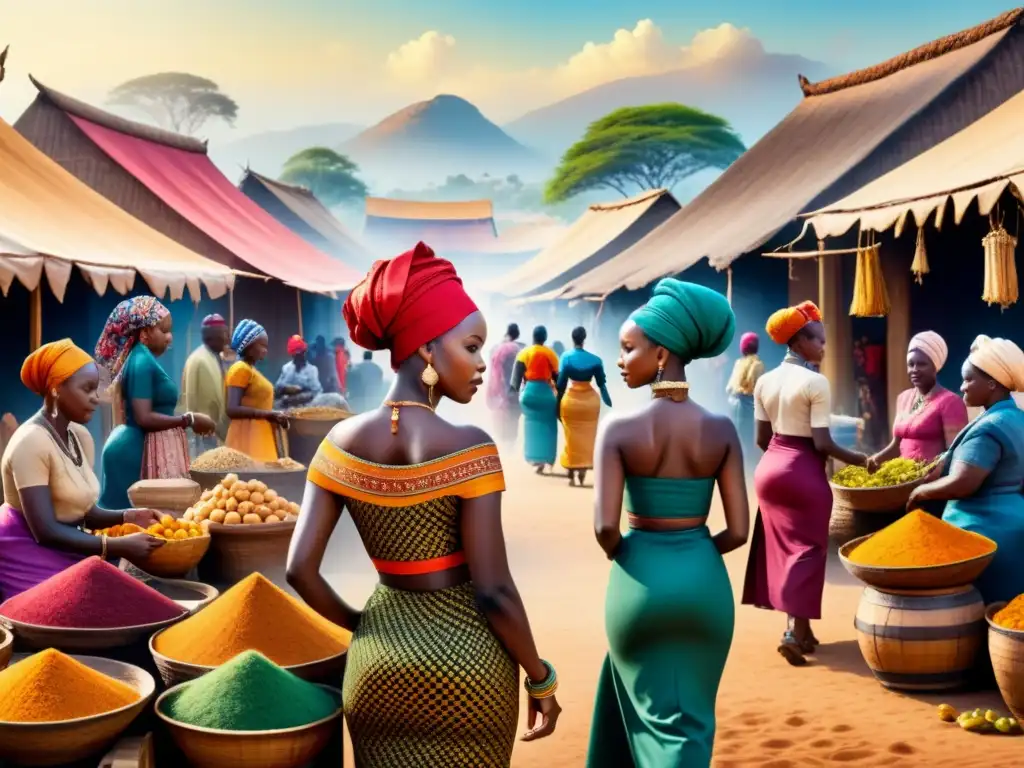 Pintura acuarela de un bullicioso mercado africano, reflejando la riqueza cultural