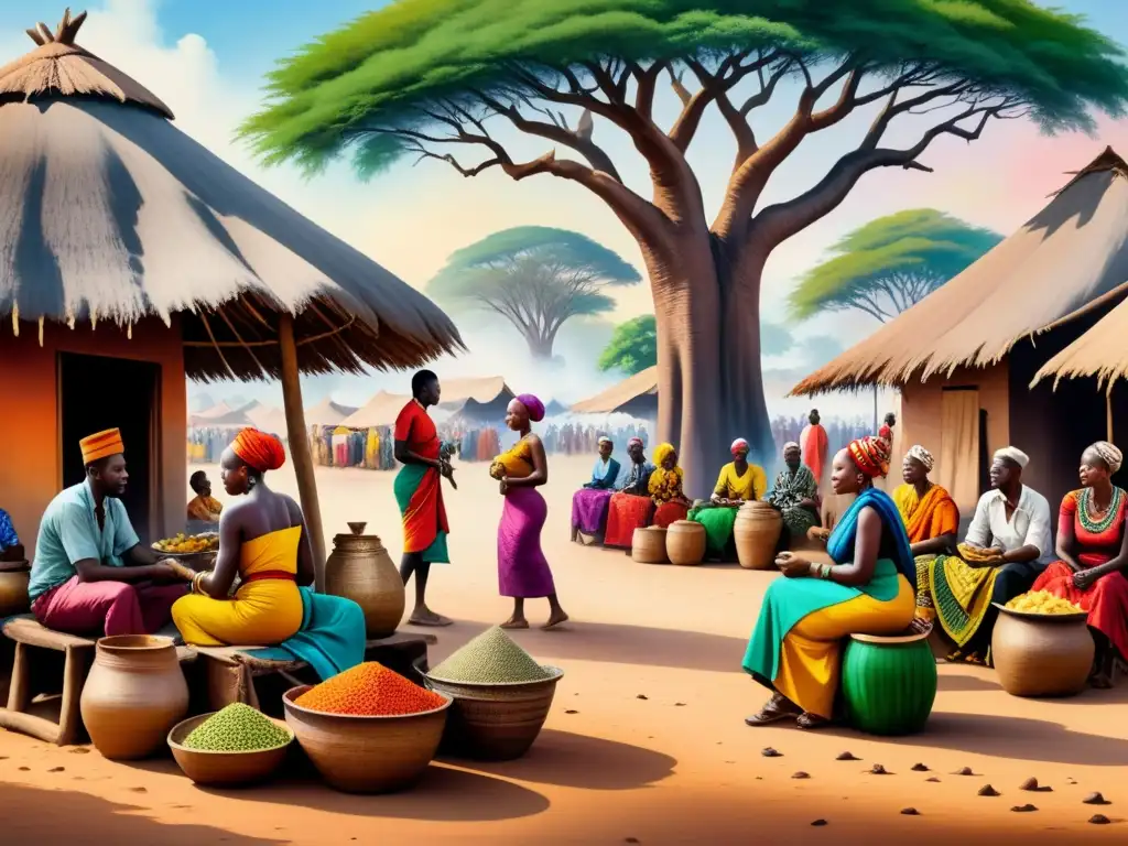 Pintura acuarela de un bullicioso mercado africano, artistas africanos arte cambio social