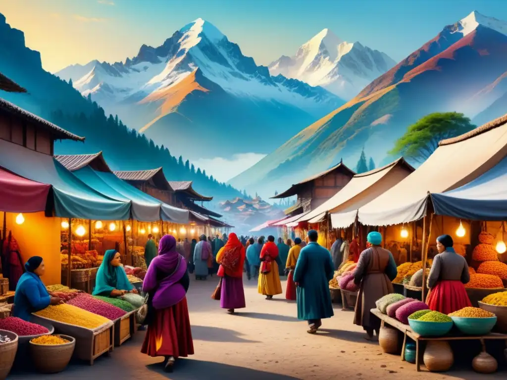 Pintura acuarela de un bullicioso mercado con artesanos y montañas nevadas, fusionando folklore en arte y moda