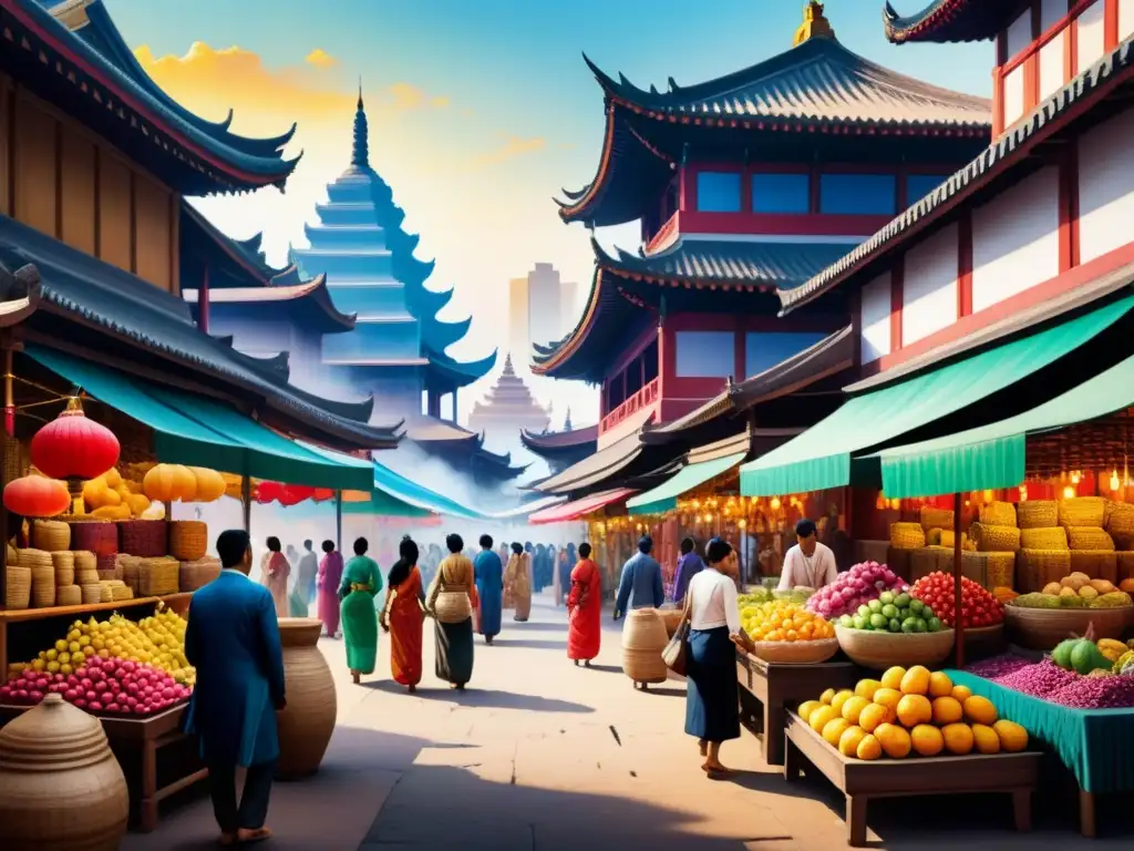 Pintura acuarela de un bullicioso mercado asiático, fusionando tradición e innovación en el intercambio artístico entre Asia