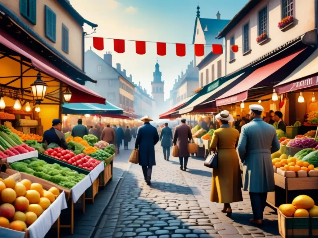 Pintura acuarela de un bullicioso mercado callejero europeo con vendedores y productos coloridos