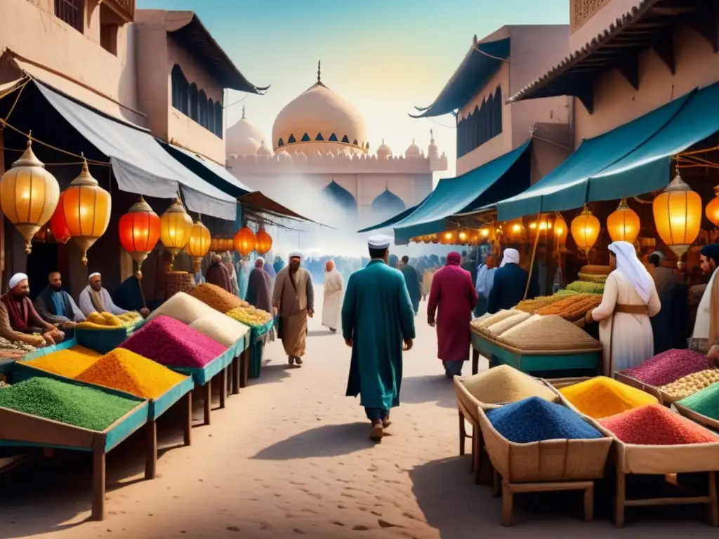 Pintura acuarela de un bullicioso mercado del Medio Oriente, con colores vibrantes y gente diversa