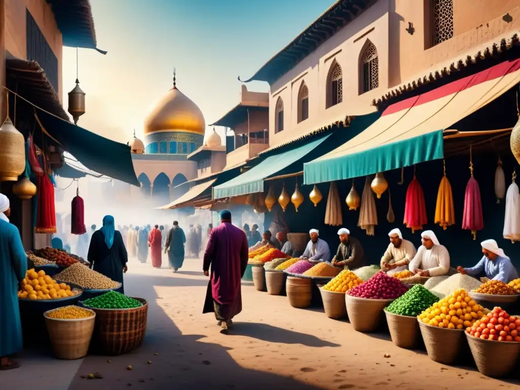 Pintura acuarela de un bullicioso mercado del Medio Oriente, con detalles arquitectónicos, telas coloridas y personas en atuendos tradicionales