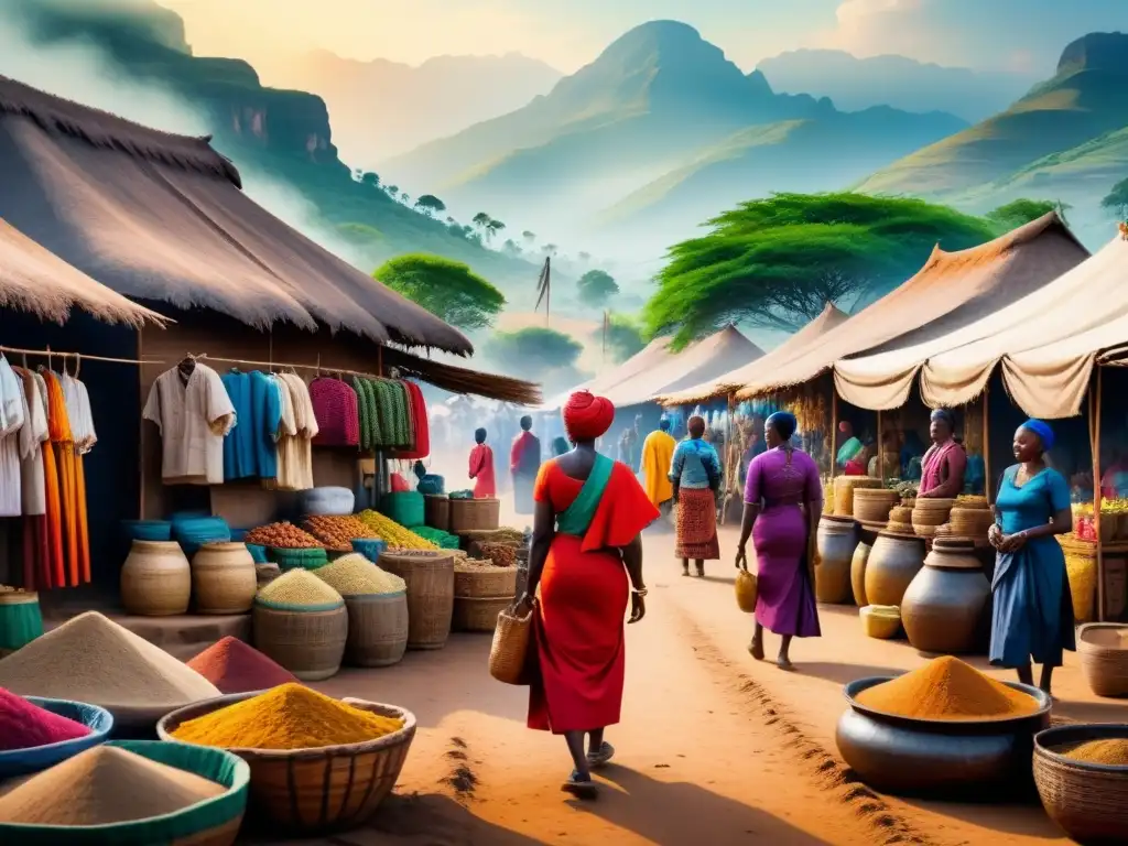 Mercado africano: colorido y animado retrato de la vida cotidiana Pintura acuarela de un bullicioso mercado en un pueblo africano, reflejando la vida diaria y la rica cultura africana