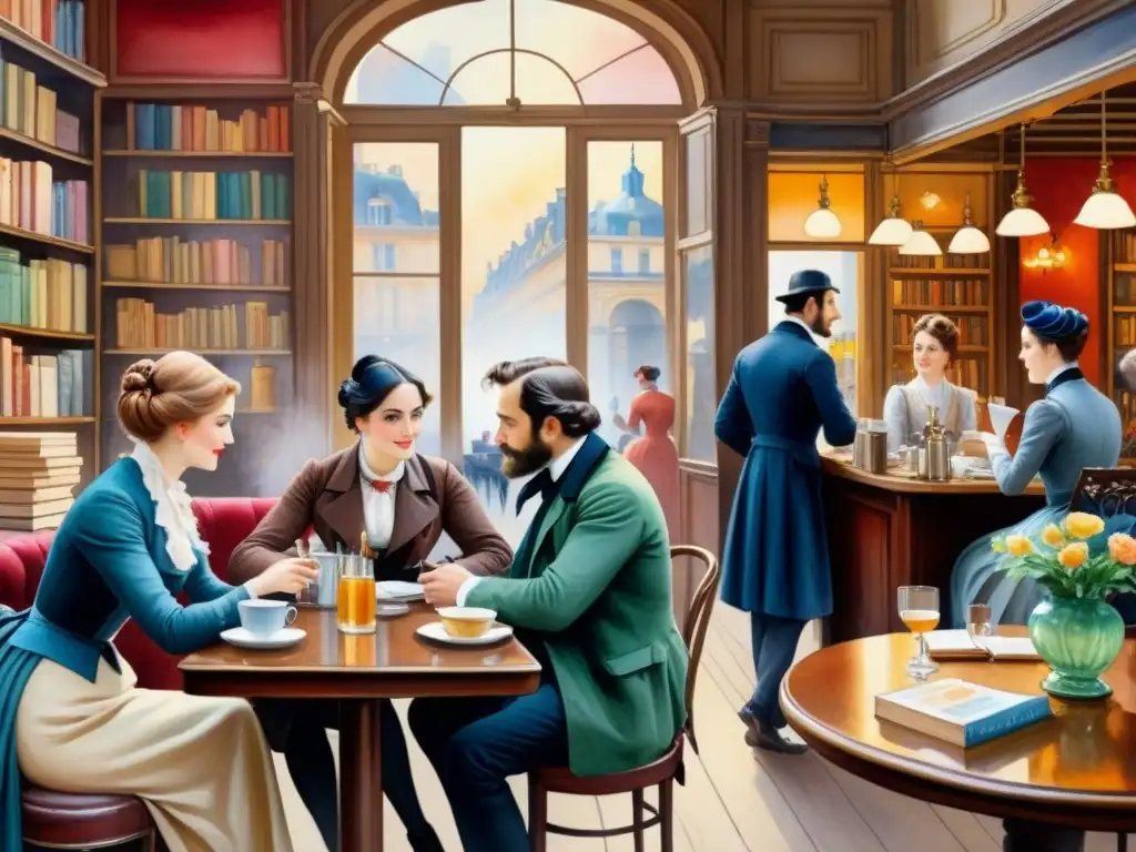 Pintura acuarela de un café parisino del siglo XIX, con escritores y pintores en colaboraciones históricas