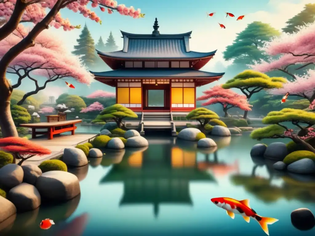 Pintura acuarela de jardín japonés con casa de té, cerezos en flor y peces koi