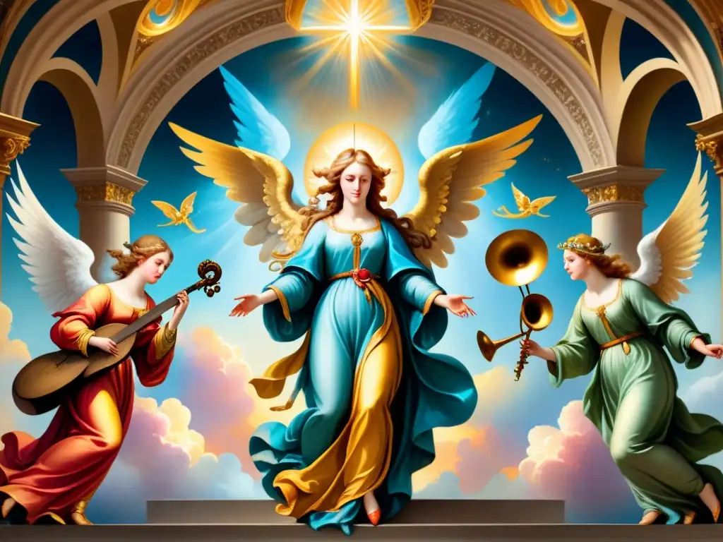 Una pintura celestial de ángeles barrocos con alas majestuosas, vestiduras elaboradas y halos dorados, simbolismo ángeles arte barroco