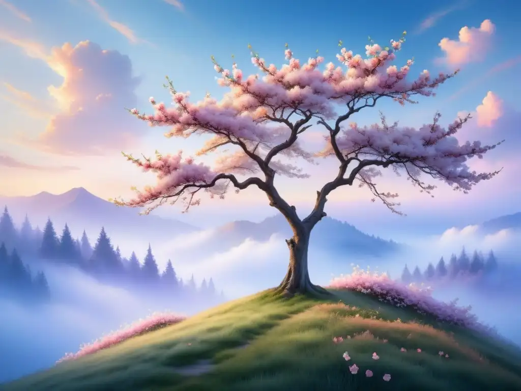 Pintura acuarela: árbol cerezo en flor solitario, cielo pastel con nubes, belleza minimalista en la naturaleza