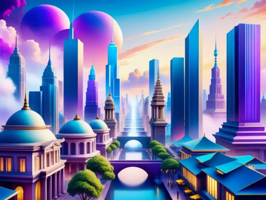 Pintura acuarela de una ciudad futurista fusionando arquitectura tradicional y elementos digitales, reflejando Arte en la Era Digital