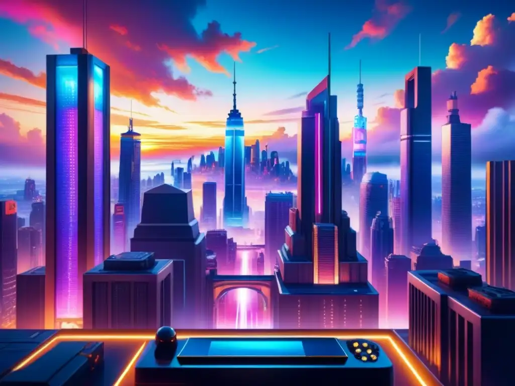 Pintura acuarela de una ciudad futurista donde se fusionan elementos digitales y arquitectura tradicional, destacando la narrativa y estética en videojuegos