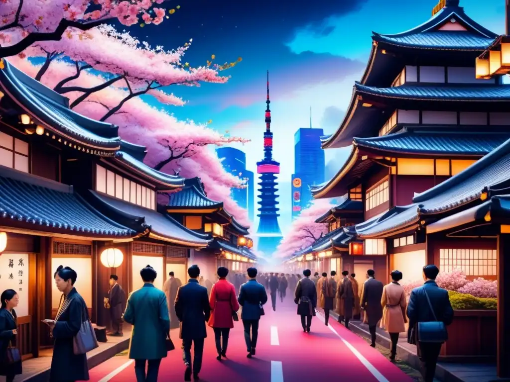 Futurismo japonés: ciudad tradicional y neon lights Pintura acuarela de ciudad futurista japonesa, mezcla de tradición y alta tecnología
