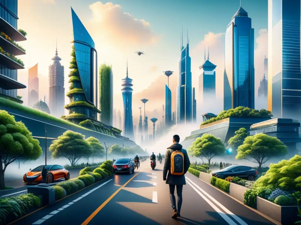 Pintura acuarela de una ciudad futurista sostenible con tecnología y naturaleza, arte contemporáneo sostenible y reciclaje