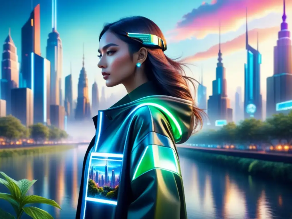 Pintura acuarela de una ciudad futurista fusionando tecnología y naturaleza con detalles digitales y vegetación vibrante