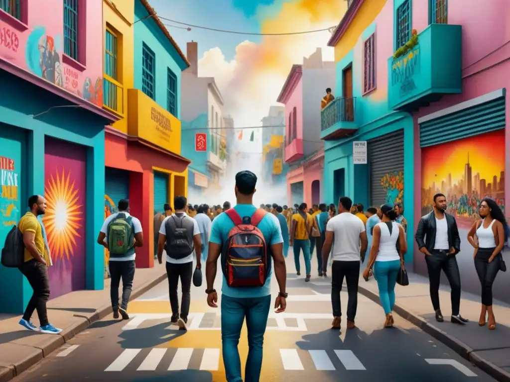 Pintura acuarela de una ciudad latinoamericana llena de arte urbano y protestas pacíficas, reflejando el Arte contemporáneo en conflictos sociales