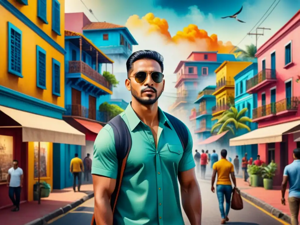 Pintura acuarela de ciudad latinoamericana vibrante con edificios coloridos, arte callejero político, gente variada y exuberante vegetación tropical