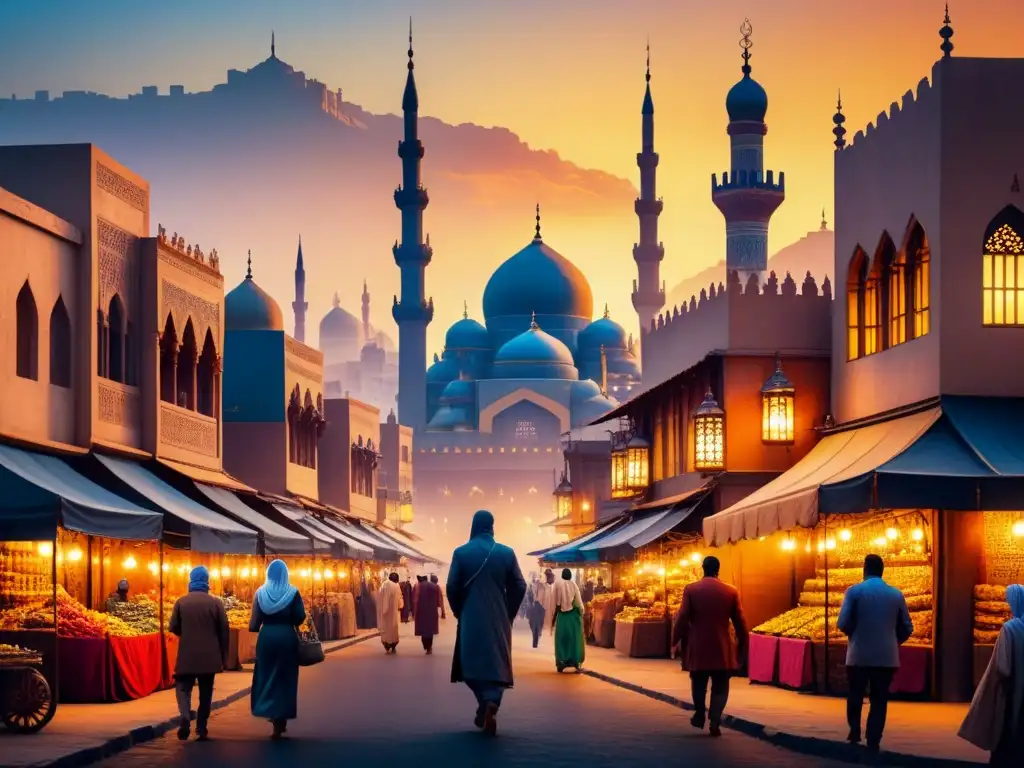 Pintura acuarela de una ciudad del Medio Oriente al atardecer, con minaretes en silueta y un vibrante mercado