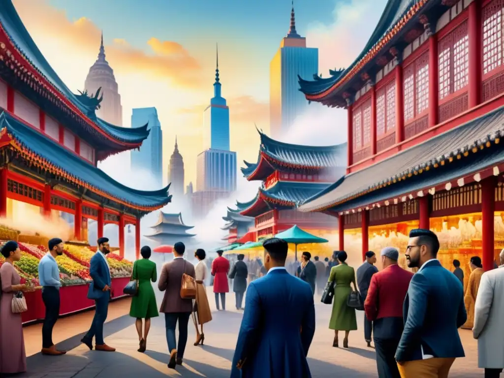 Acuarela vibrante: ciudad fusionada de tradición y modernidad Pintura acuarela de ciudad vibrante fusionando arquitectura tradicional y rascacielos modernos