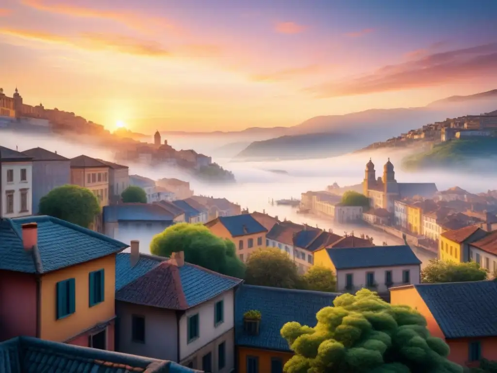 Pintura acuarela de ciudad vibrante al amanecer