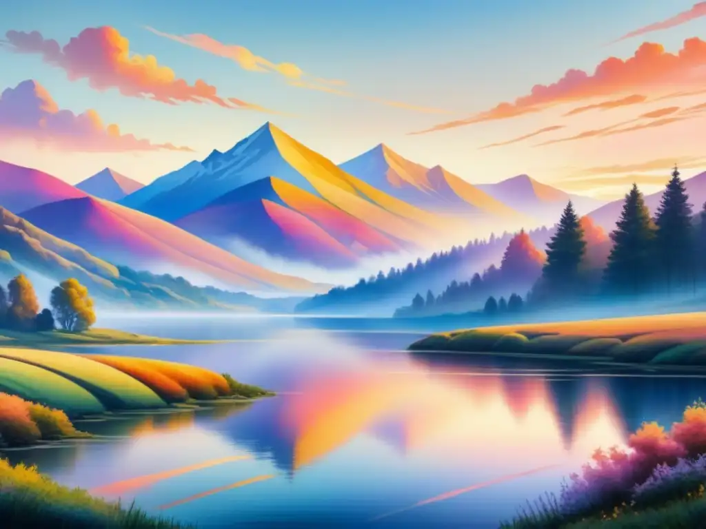 Pintura acuarela de colinas, lago y atardecer con formas artísticas