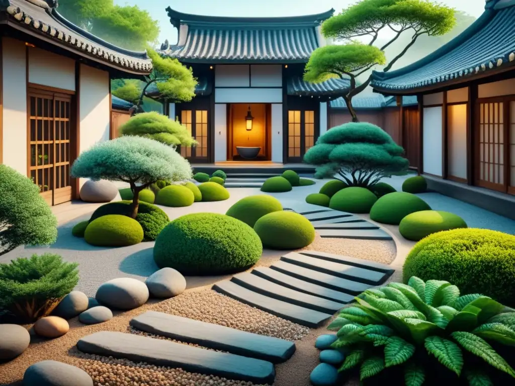 Pintura acuarela de jardín zen contemporáneo con senderos de grava, rocas y vegetación exuberante, en armonía con elementos arquitectónicos modernos