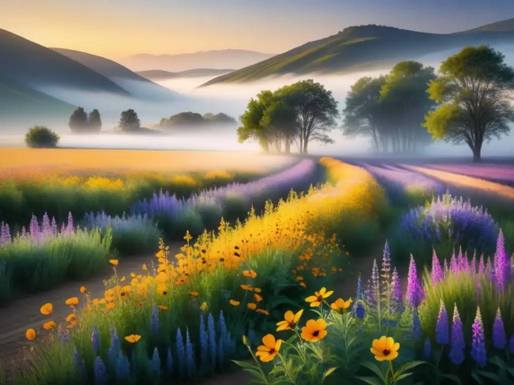 Pintura acuarela deslumbrante de paisaje sereno al anochecer, con contrastes de luz y sombras al estilo del Romanticismo