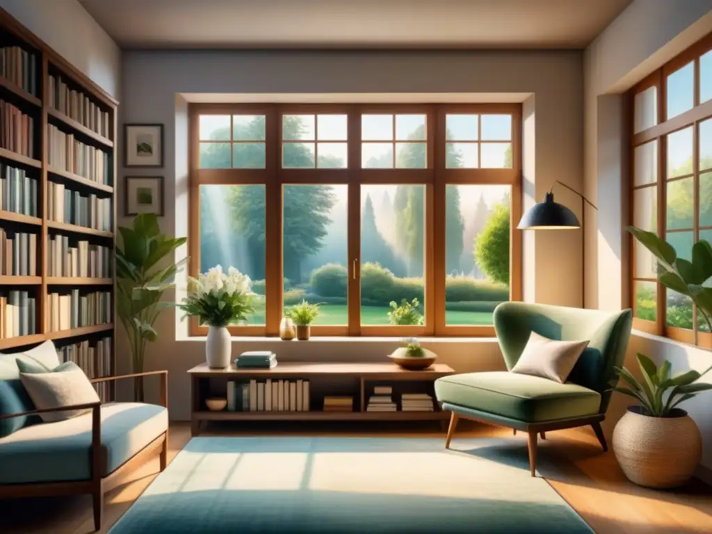 Pintura detallada de una acogedora sala con vista a un jardín exuberante