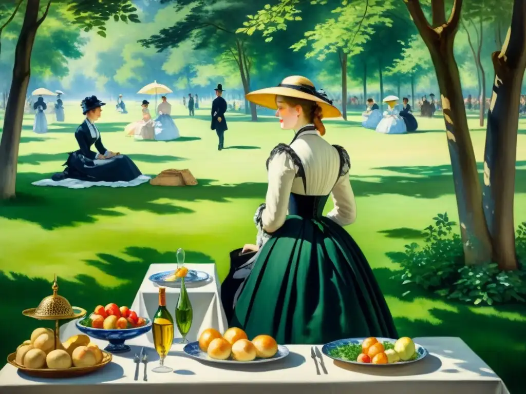 Pintura detallada en acuarela de 'Almuerzo sobre la hierba' de Manet con calidad etérea, realismo e impresionismo