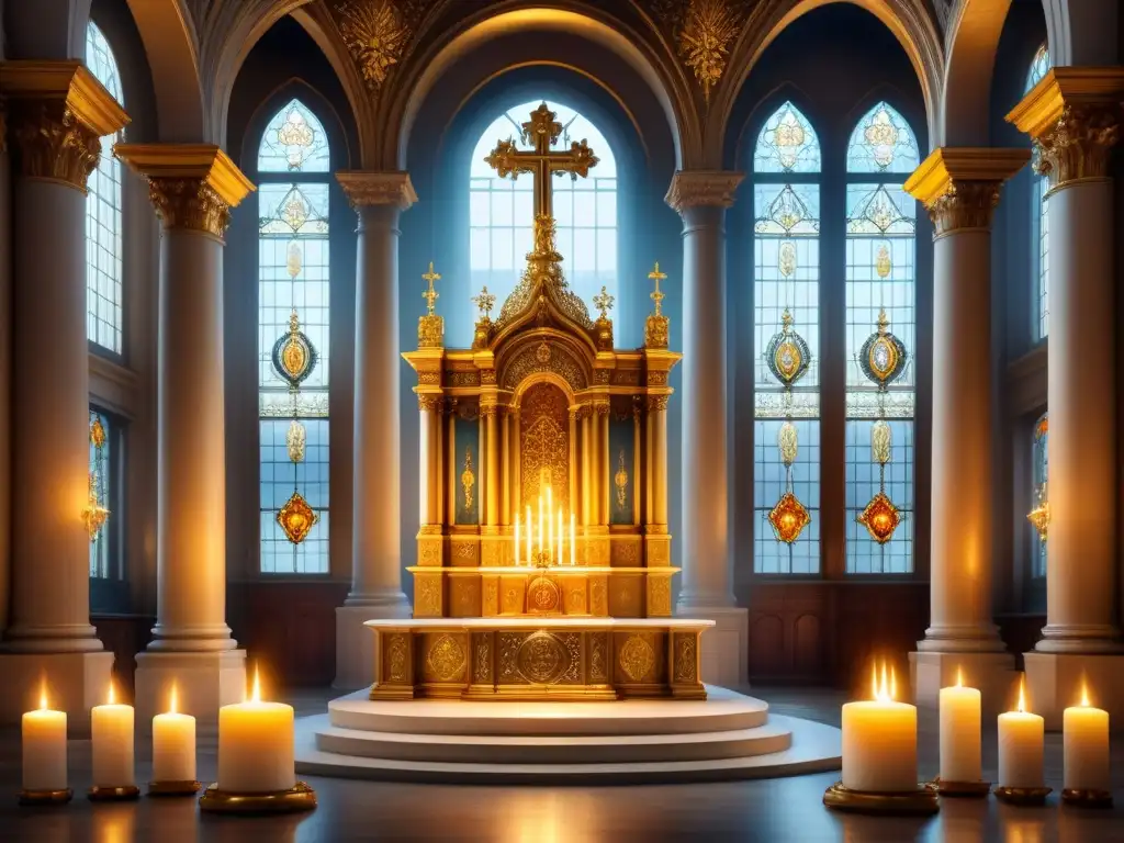 Una pintura detallada en acuarela de un altar barroco con diseños dorados, estatuas de santos y velas, en una catedral iluminada por vitrales