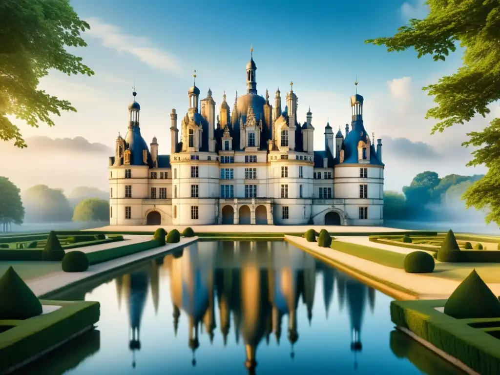 Pintura detallada en acuarela del Château de Chambord en Francia con arquitectura renacentista