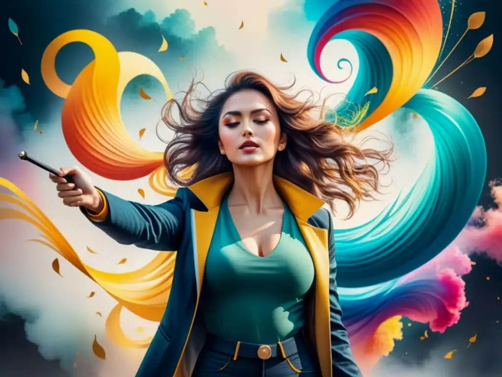 Una pintura detallada en acuarela que fusiona arte visual y sonido en realidad virtual, con ondas y pinceladas coloridas