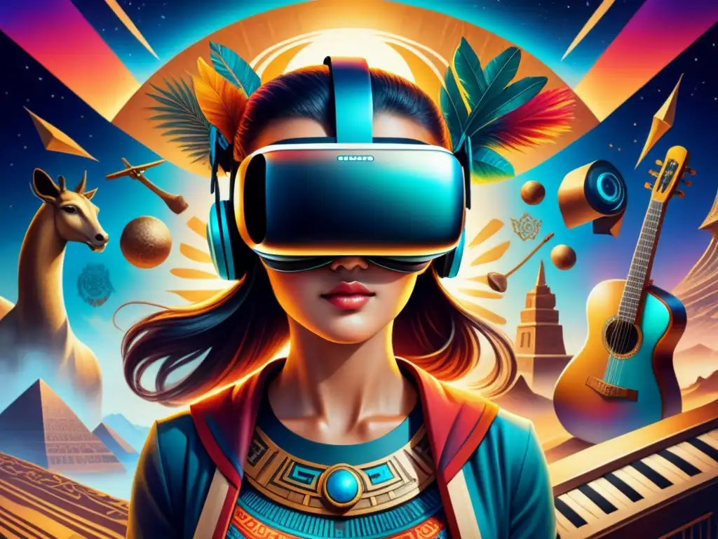 Una pintura detallada en acuarela que fusiona arte de realidad virtual con técnicas culturales en un mundo de colores vibrantes y símbolos antiguos