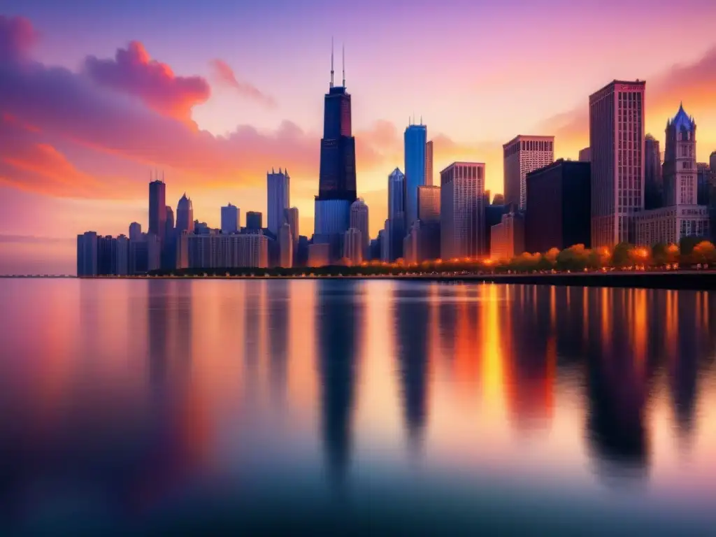 'Pintura detallada acuarela Chicago al atardecer, reflejos edificios en lago