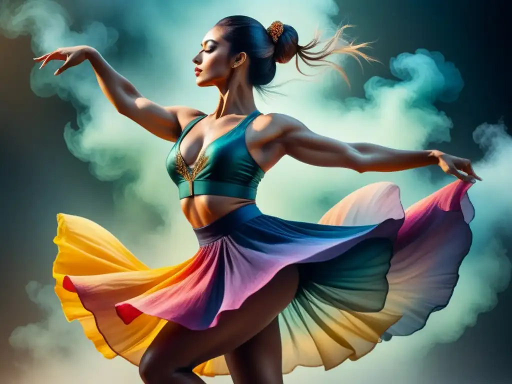 Pintura detallada de acuarela de una bailarina en pose poderosa, fusionando arte, identidad y filosofía a través del cuerpo