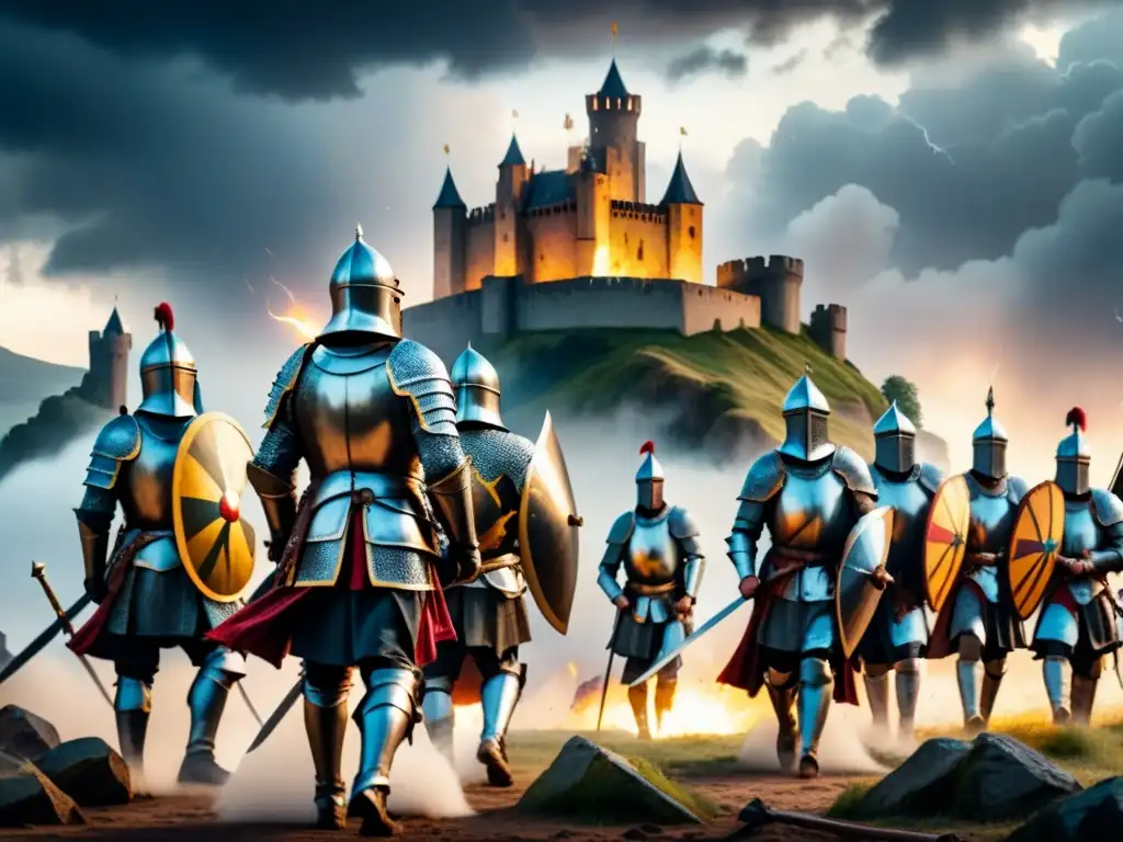 Pintura detallada en acuarela 8k de batalla medieval con caballeros en armadura, castillo y cielo tormentoso, simbolismo arte militar medieval