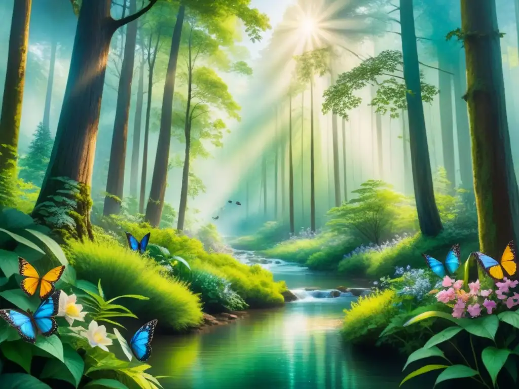 Pintura detallada en acuarela de un bosque exuberante con vida silvestre vibrante, mostrando la influencia del cambio climático en arte contemporáneo