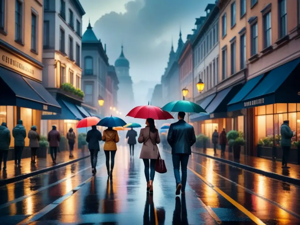 Pintura acuarela de ciudad lluviosa: umbrellas bajo luces de calle Pintura detallada en acuarela de una bulliciosa calle de ciudad en una noche lluviosa, reflejando realismo en arte visual emocional