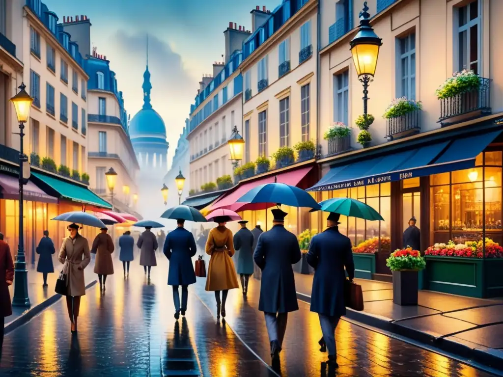 París nocturno en la era postimpresionista: acuarela detallada de una calle bulliciosa Una pintura detallada en acuarela de una bulliciosa calle parisina de noche en la era postimpresionista, con luz artificial y encanto misterioso