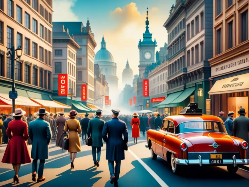 Una pintura detallada en acuarela de una bulliciosa calle de la ciudad durante la era modernista, capturando la esencia del cambio y la progresión a través de la lente de una cámara vintage que capta la escena