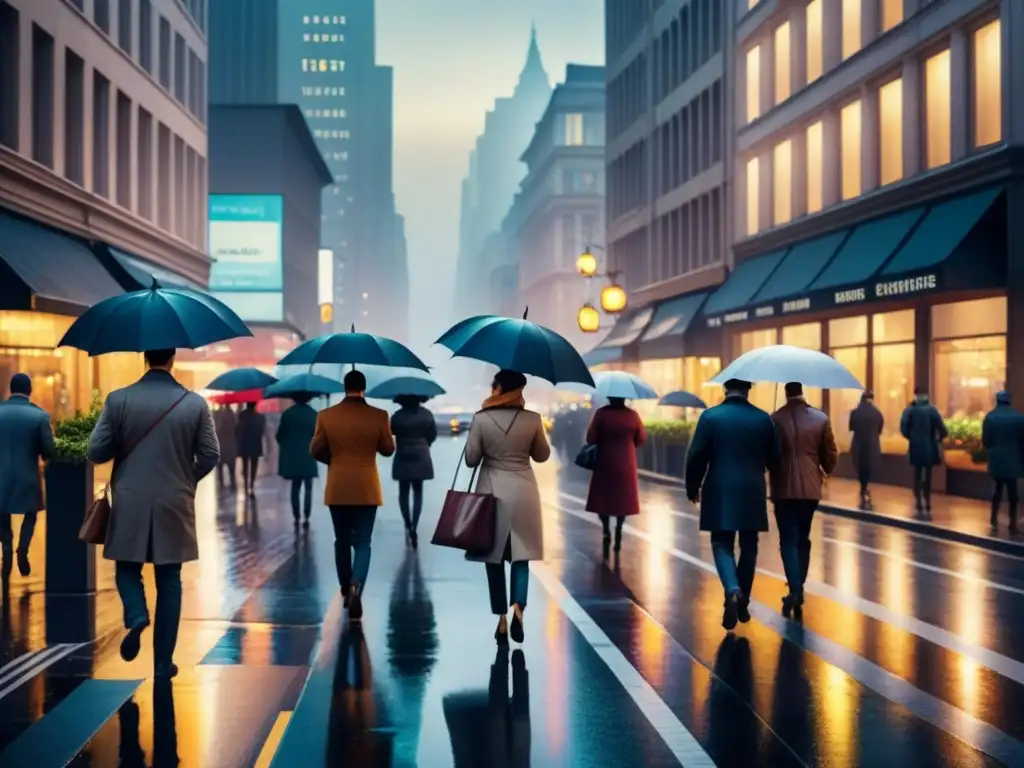 Pintura detallada en acuarela de una bulliciosa calle de la ciudad al anochecer, reflejando la realidad contemporánea