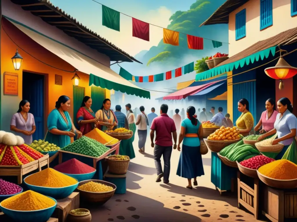 Una pintura detallada en acuarela que muestra un bullicioso mercado callejero latinoamericano, con puestos coloridos de comida y textiles