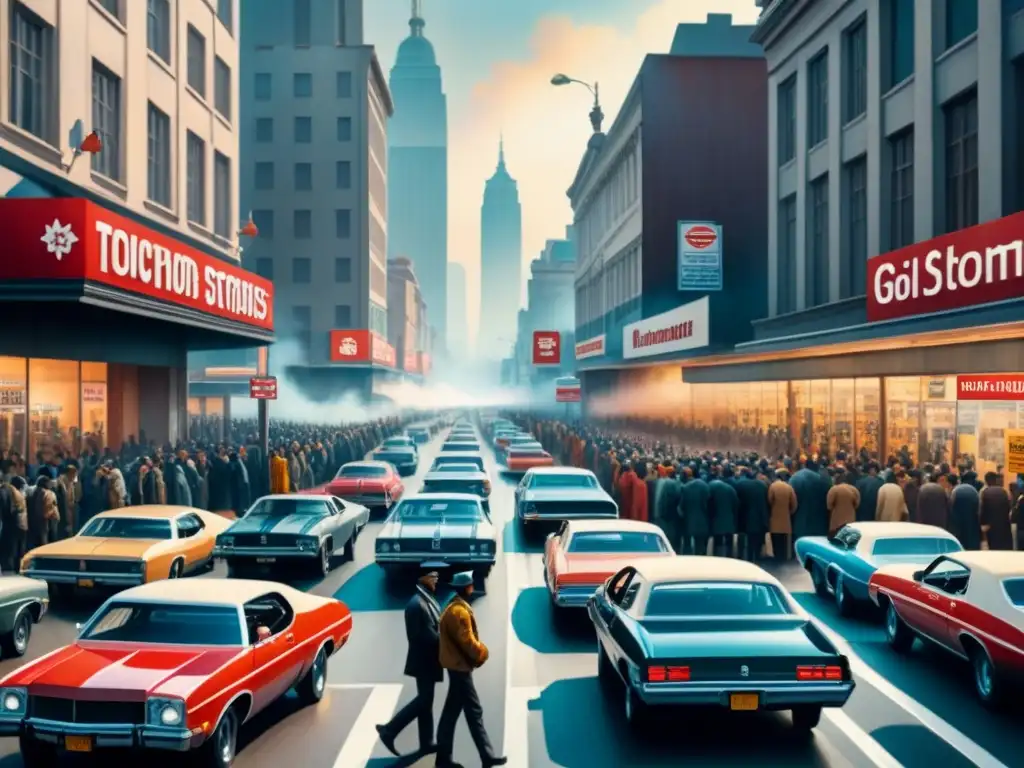 Pintura acuarela: Calle caótica durante la Crisis del Petróleo del 73 Pintura detallada en acuarela de una calle bulliciosa durante la Crisis del Petróleo de 1973