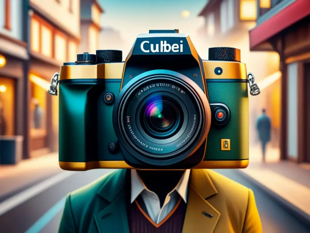Una pintura detallada en acuarela que fusiona una cámara en una escena cubista, reflejando fotografía en el arte modernista