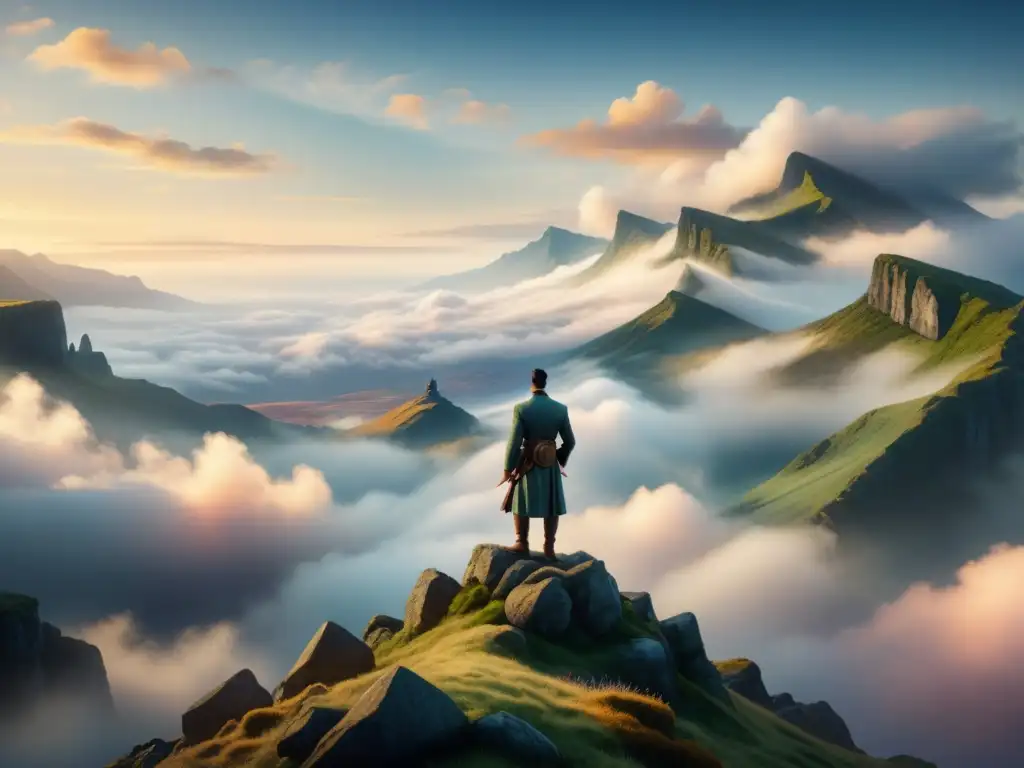 Pintura detallada de acuarela: un caminante solitario en atuendo del siglo XIX en acantilado rocoso, mirando hacia un mar de nubes