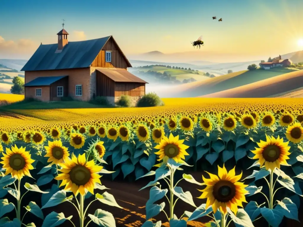 Una pintura detallada en acuarela de un campo bañado por el sol con girasoles amarillos perfectos, técnicas de arte que capturan la luz y sombra