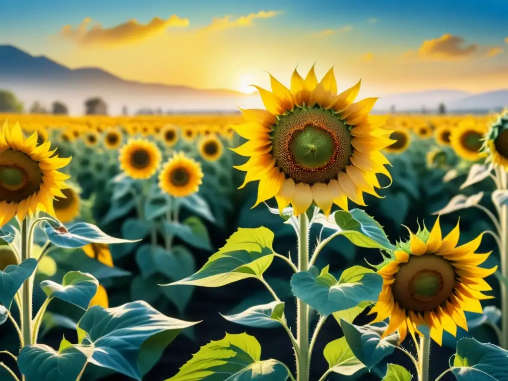 Una pintura detallada en acuarela de un campo vibrante de girasoles bajo un cielo azul, reflejando el amarillo perfecto en técnicas de arte